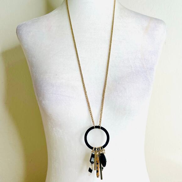 INC Gold Tone Black Felt Round Pendant Animal Print Bead Dangles Necklace - Picture 1 of 5